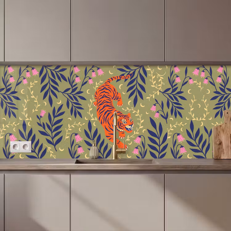 Küchenrückwand - Tiger – Blätter – Tiere – Illustration – Orange — 1