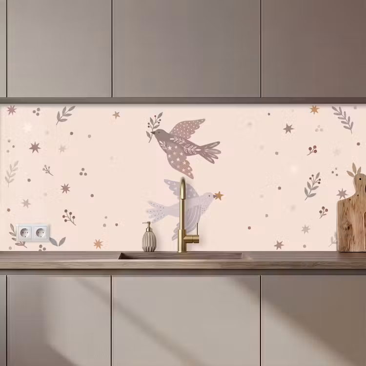 Küchenrückwand - Vogel – Beeren – Natur – Modern – Beige — 1