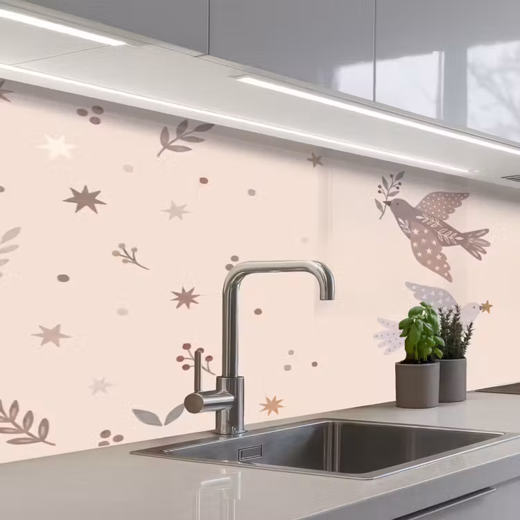 Küchenrückwand - Vogel – Beeren – Natur – Modern – Beige — 2