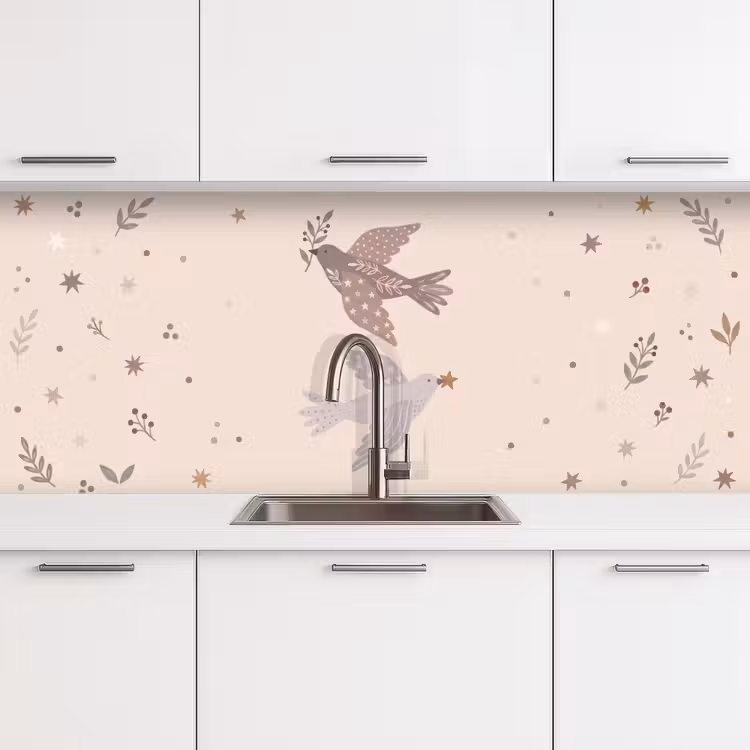 Küchenrückwand - Vogel – Beeren – Natur – Modern – Beige — 4