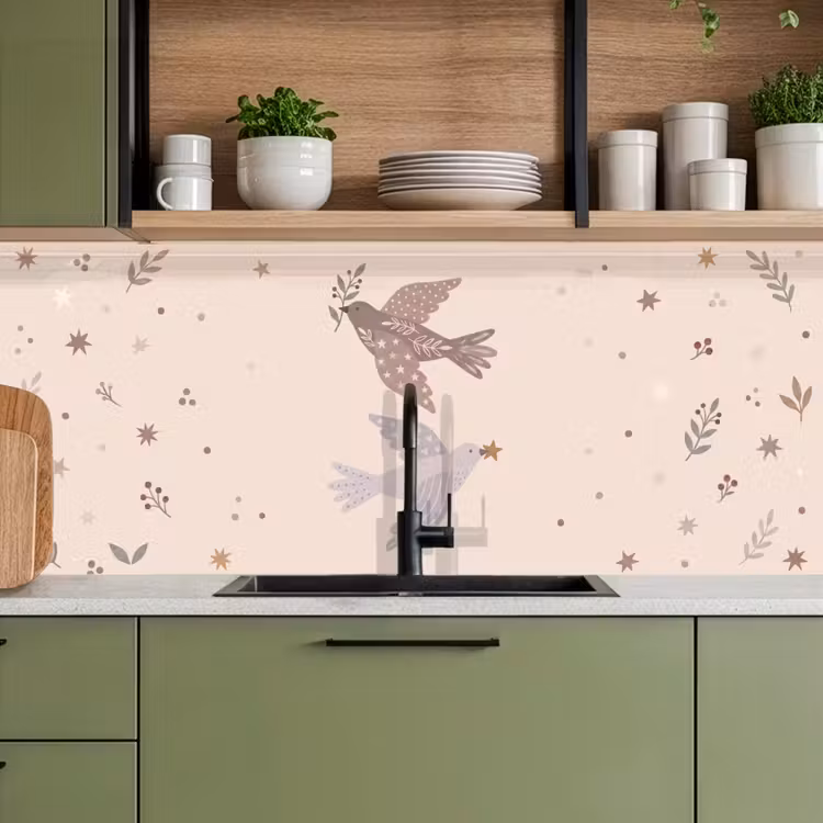 Küchenrückwand - Vogel – Beeren – Natur – Modern – Beige — 8