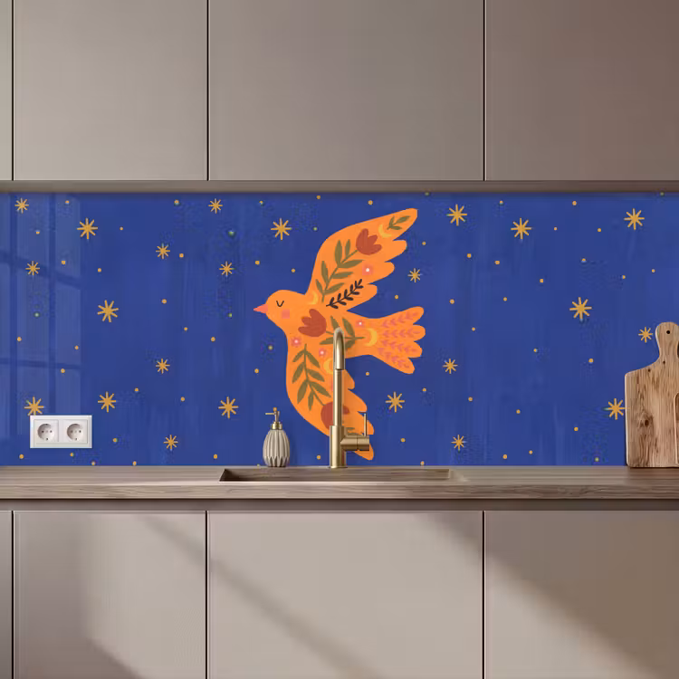 Küchenrückwand - Vogel – Blumen – Dekorativ – Orange – Blau — 1