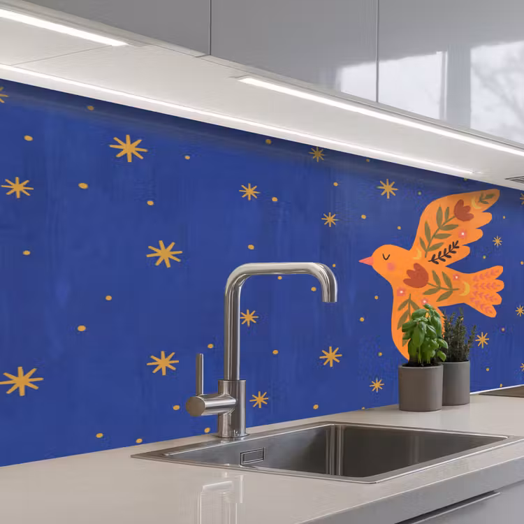 Küchenrückwand - Vogel – Blumen – Dekorativ – Orange – Blau — 2