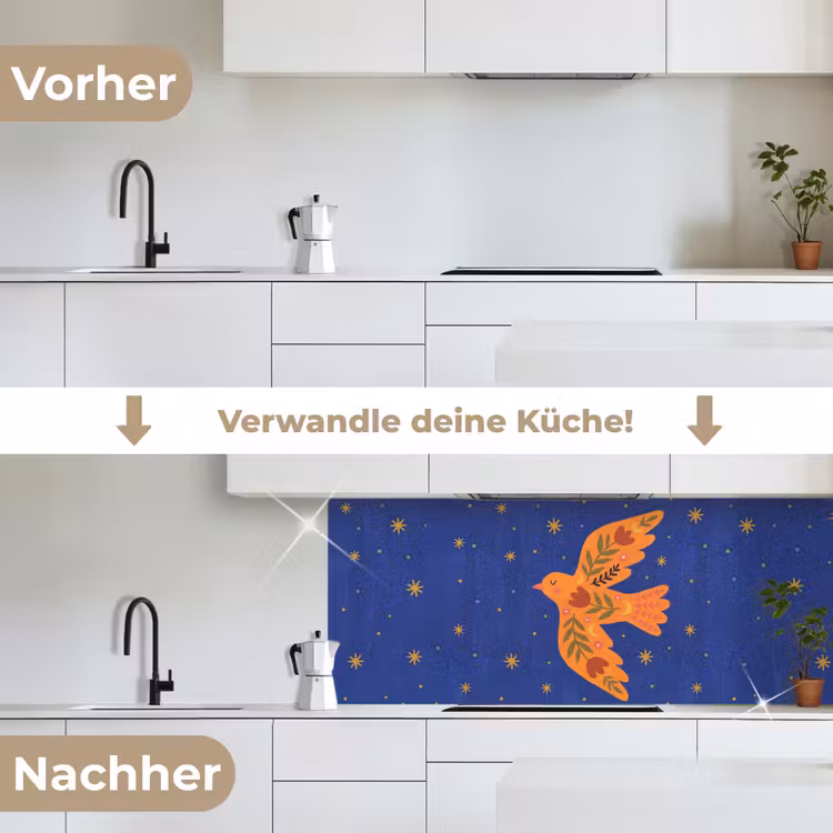 Küchenrückwand - Vogel – Blumen – Dekorativ – Orange – Blau — 3