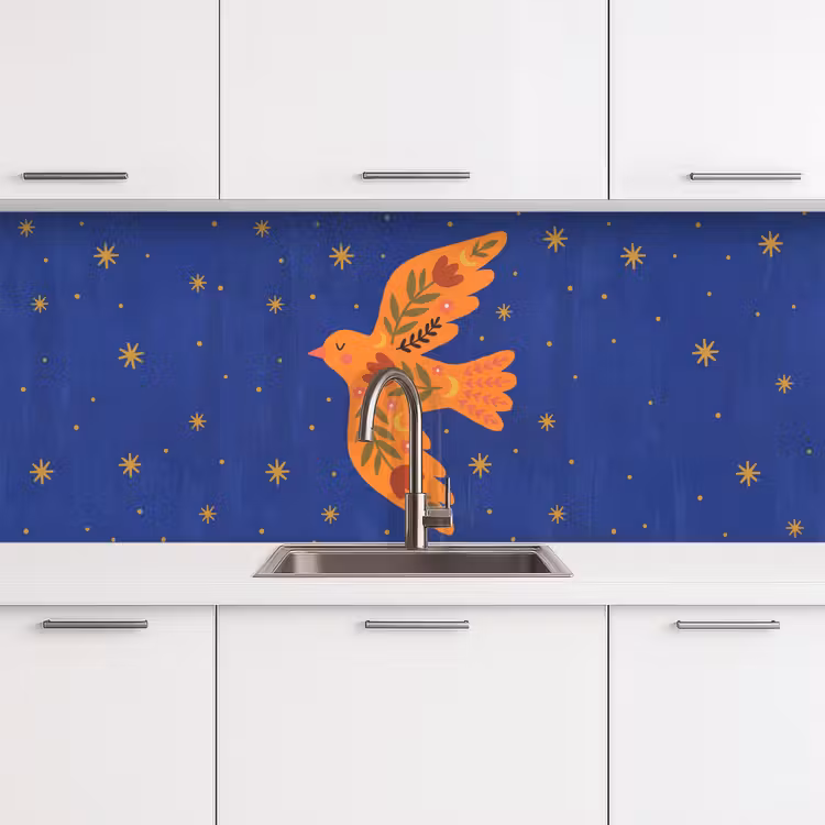 Küchenrückwand - Vogel – Blumen – Dekorativ – Orange – Blau — 4