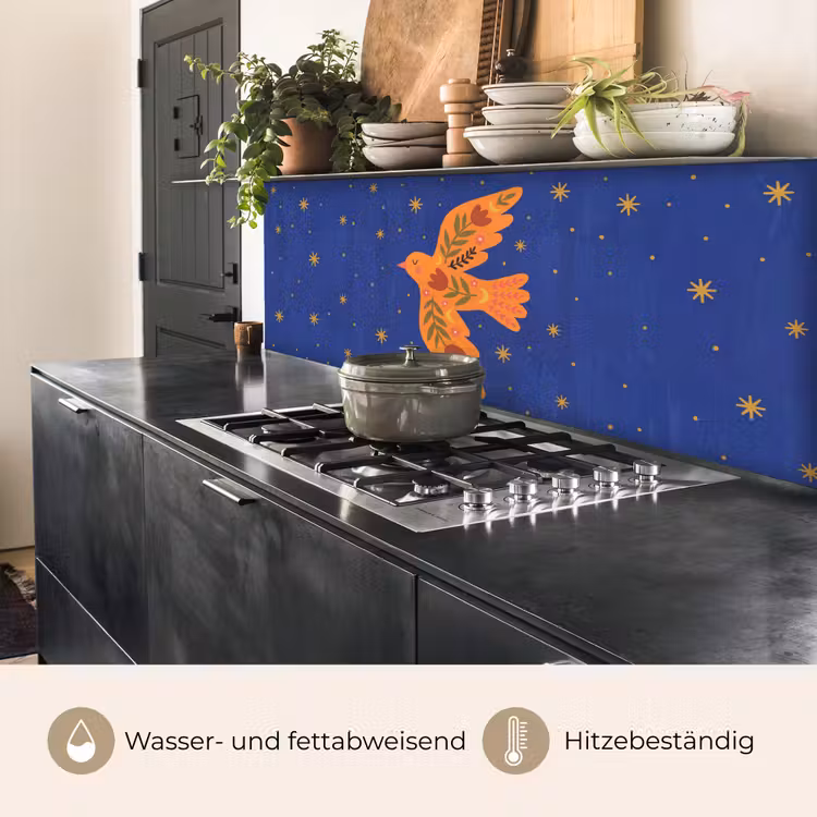 Küchenrückwand - Vogel – Blumen – Dekorativ – Orange – Blau — 5