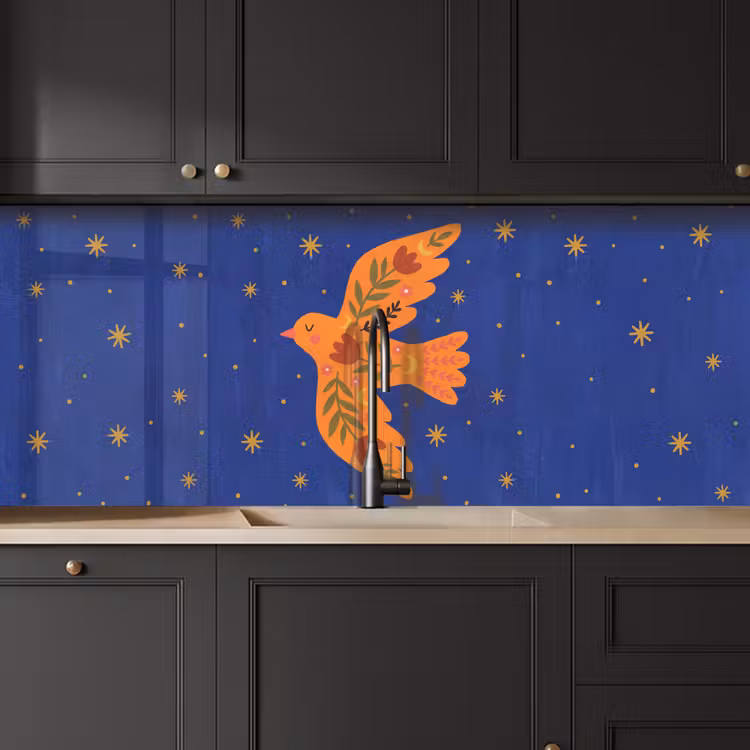 Küchenrückwand - Vogel – Blumen – Dekorativ – Orange – Blau — 6