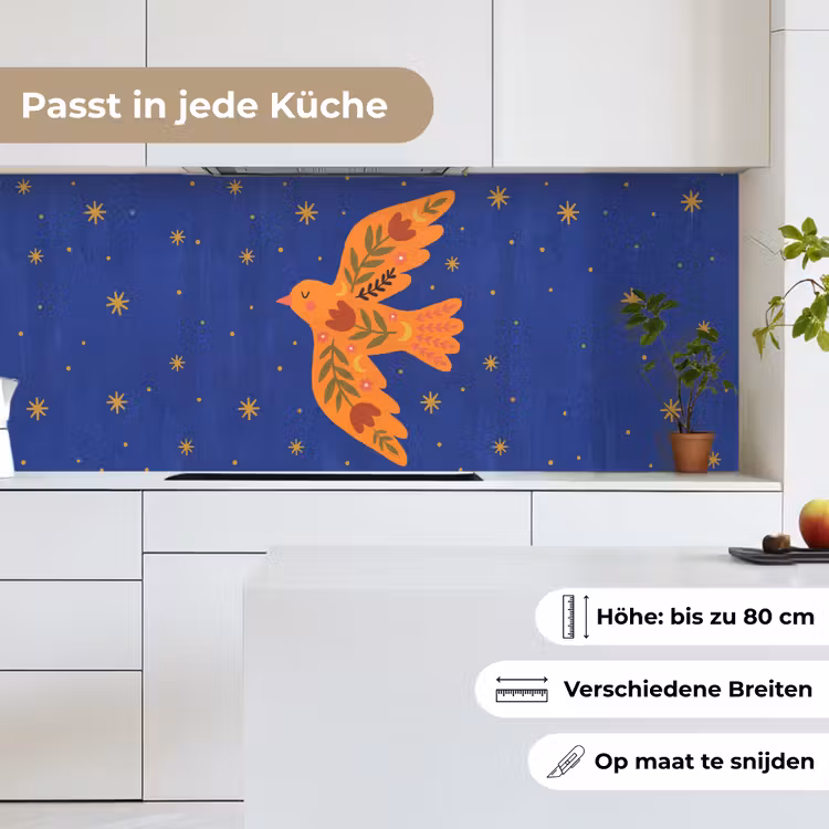 Küchenrückwand - Vogel – Blumen – Dekorativ – Orange – Blau — 7