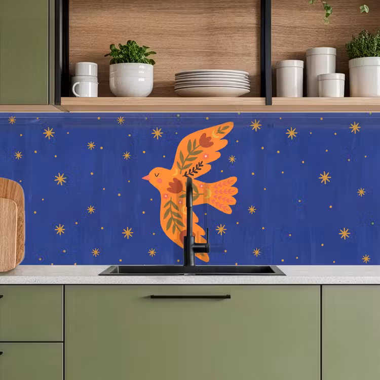 Küchenrückwand - Vogel – Blumen – Dekorativ – Orange – Blau — 8
