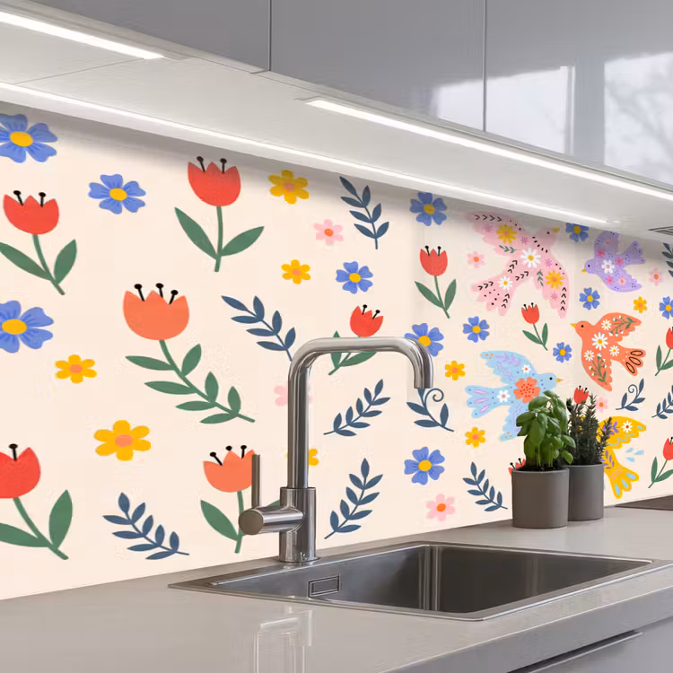 Küchenrückwand - Vögel – Blumen – Folk – Bunt – Tiere — 2