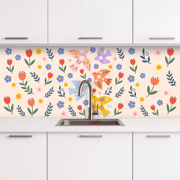 Küchenrückwand - Vögel – Blumen – Folk – Bunt – Tiere — 4