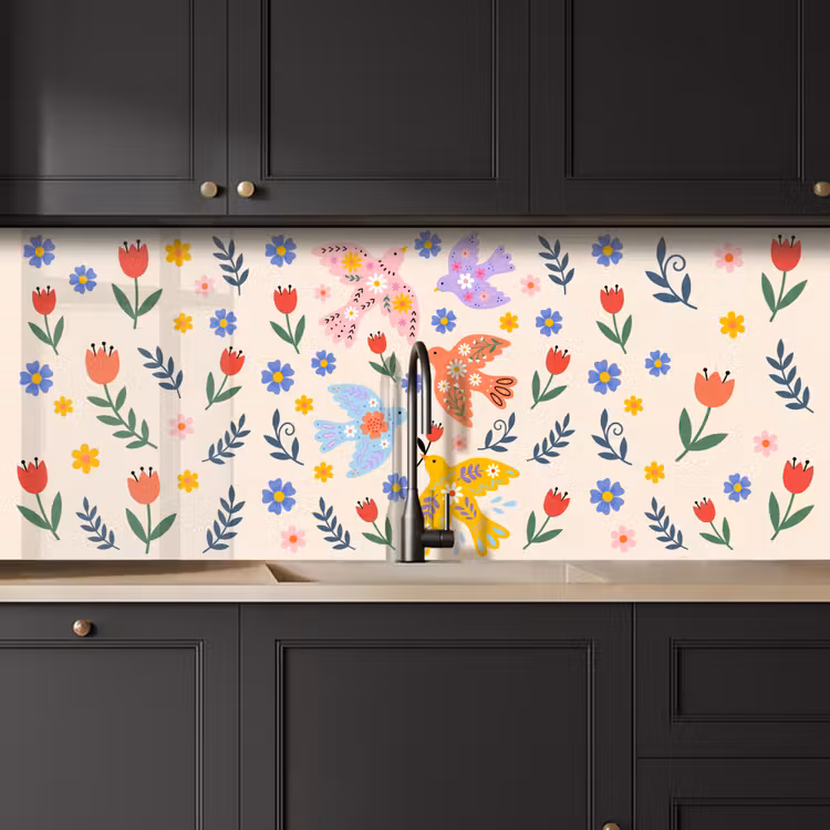 Küchenrückwand - Vögel – Blumen – Folk – Bunt – Tiere — 6