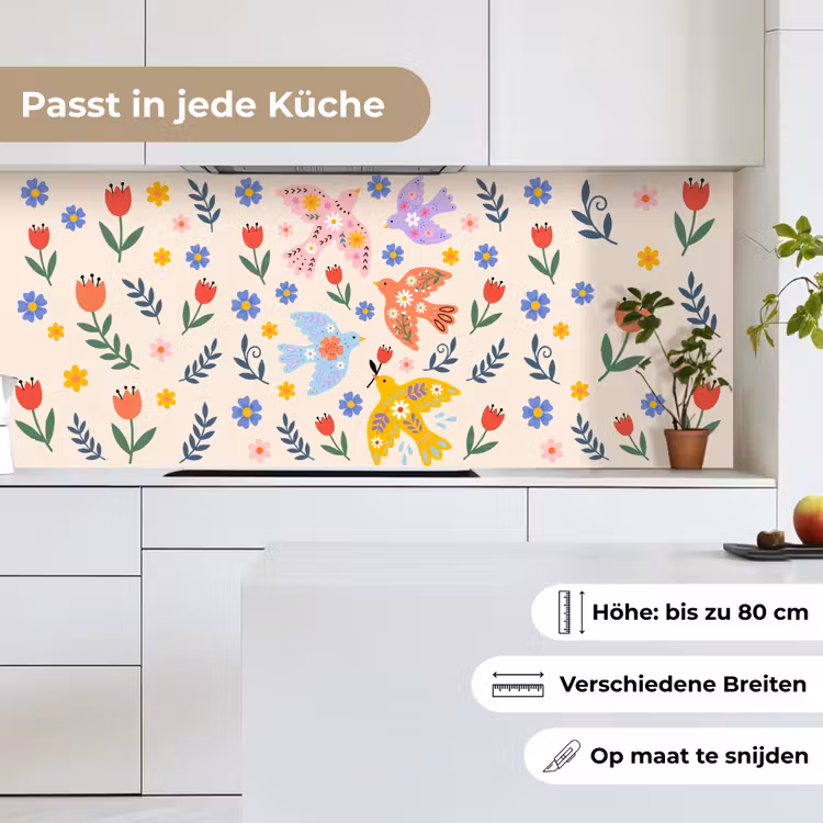 Küchenrückwand - Vögel – Blumen – Folk – Bunt – Tiere — 7