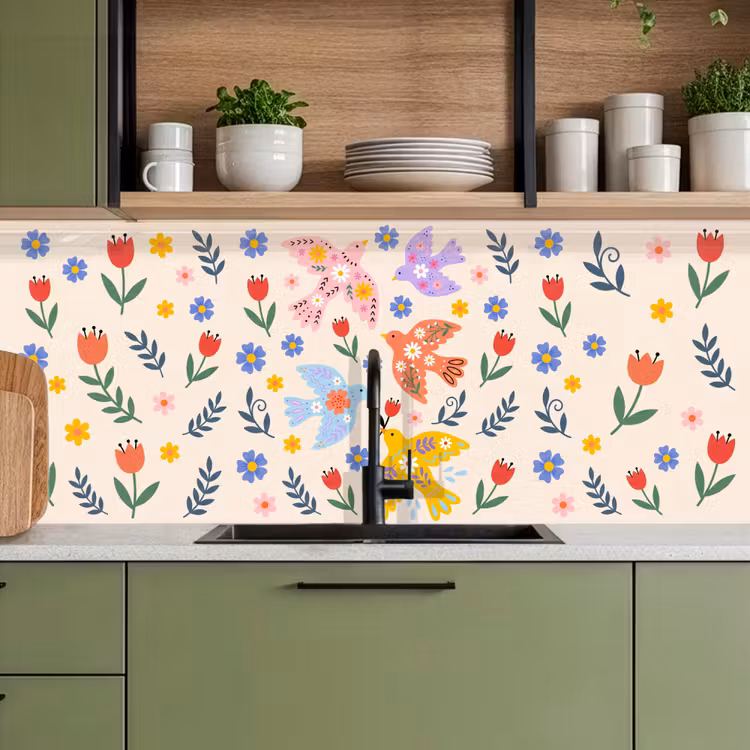 Küchenrückwand - Vögel – Blumen – Folk – Bunt – Tiere — 8