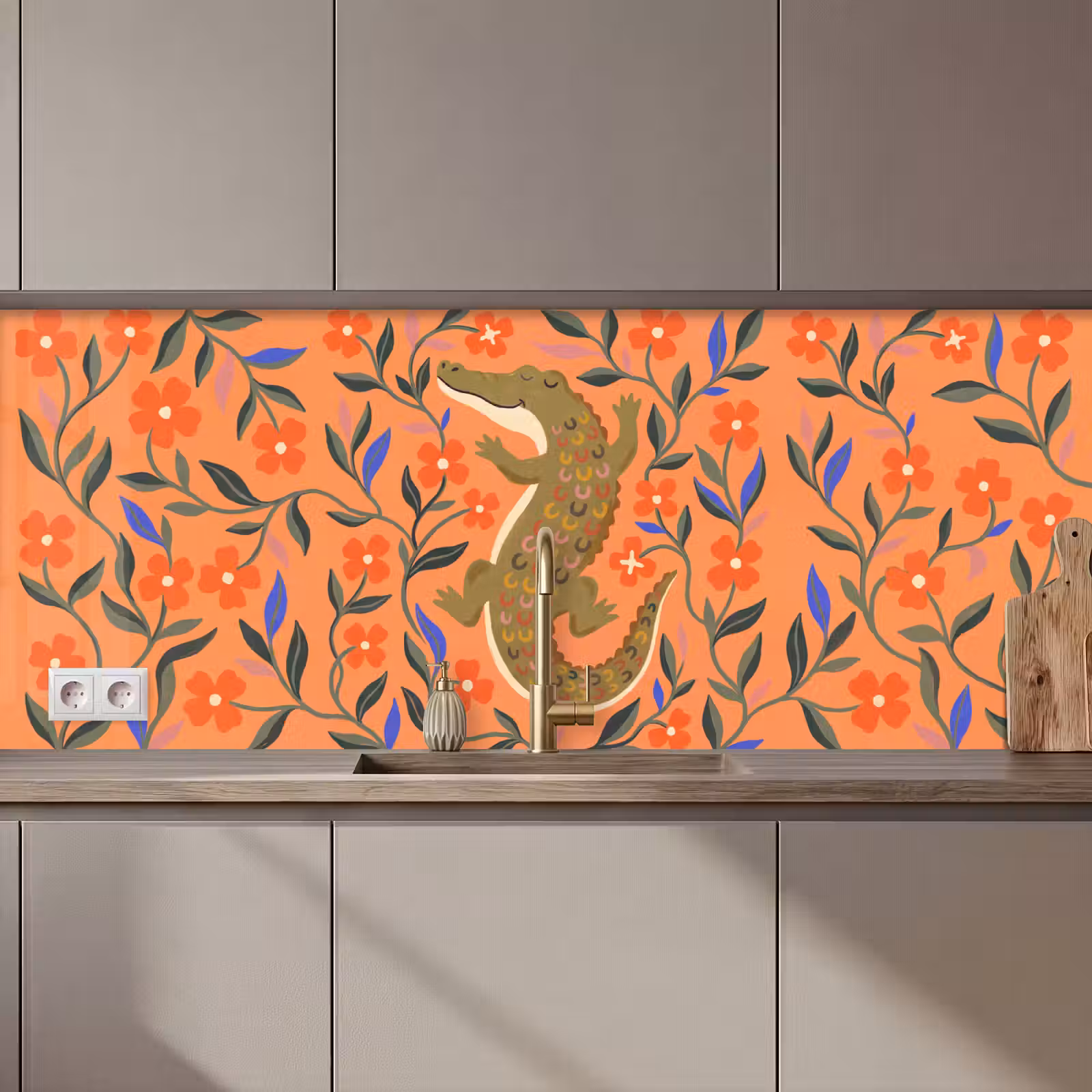 Küchenrückwand - Tiere – Blumen – Orange – Illustration – Natur — 1