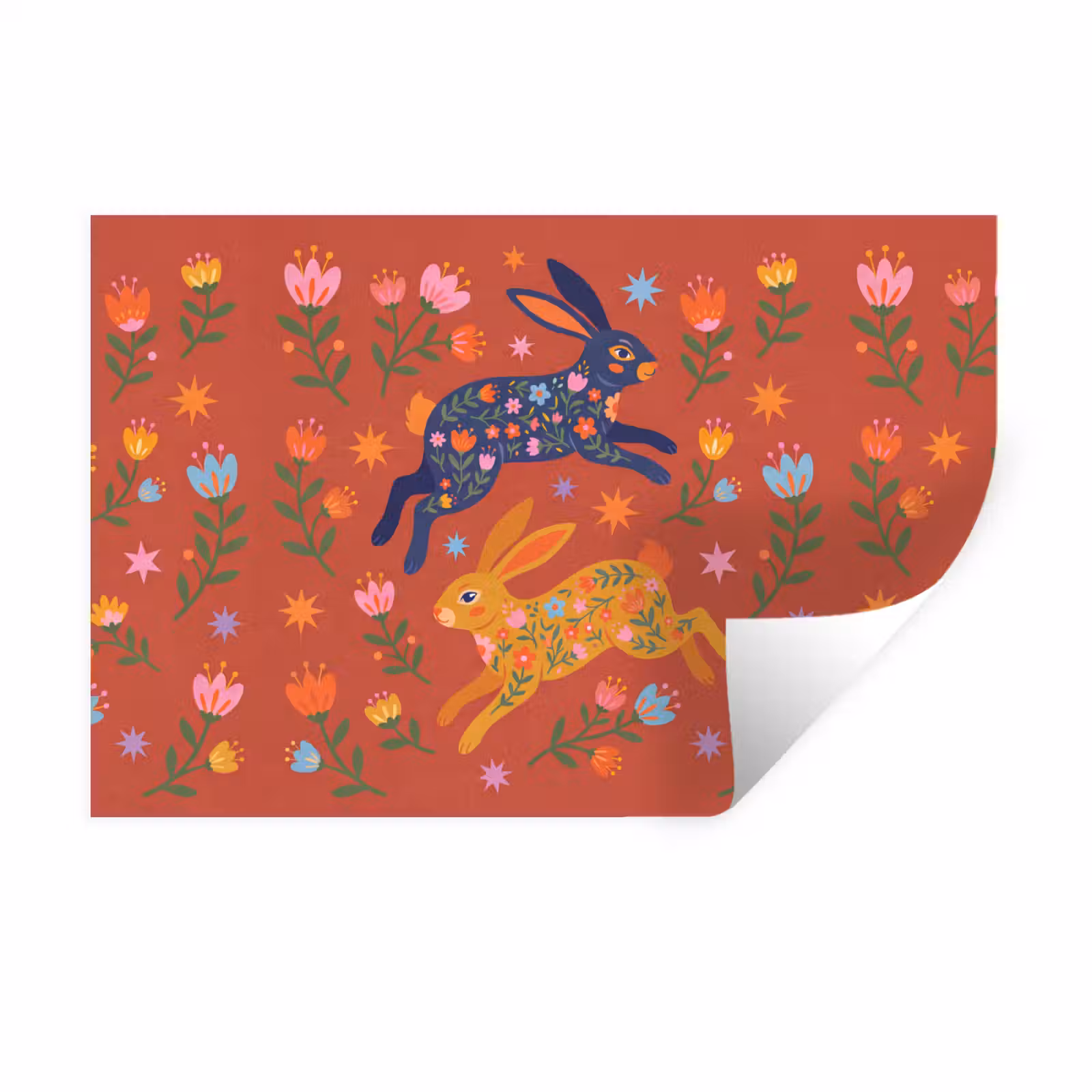 Wandtattoo – Kaninchen – Blumen – Volkskunst – Farbenfroh – Tiere — 1