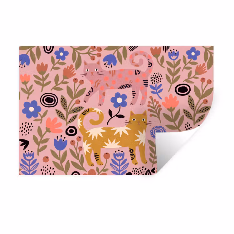Wandtattoo – Katze – Blumen – Tiere – Modern – Rosa — 1
