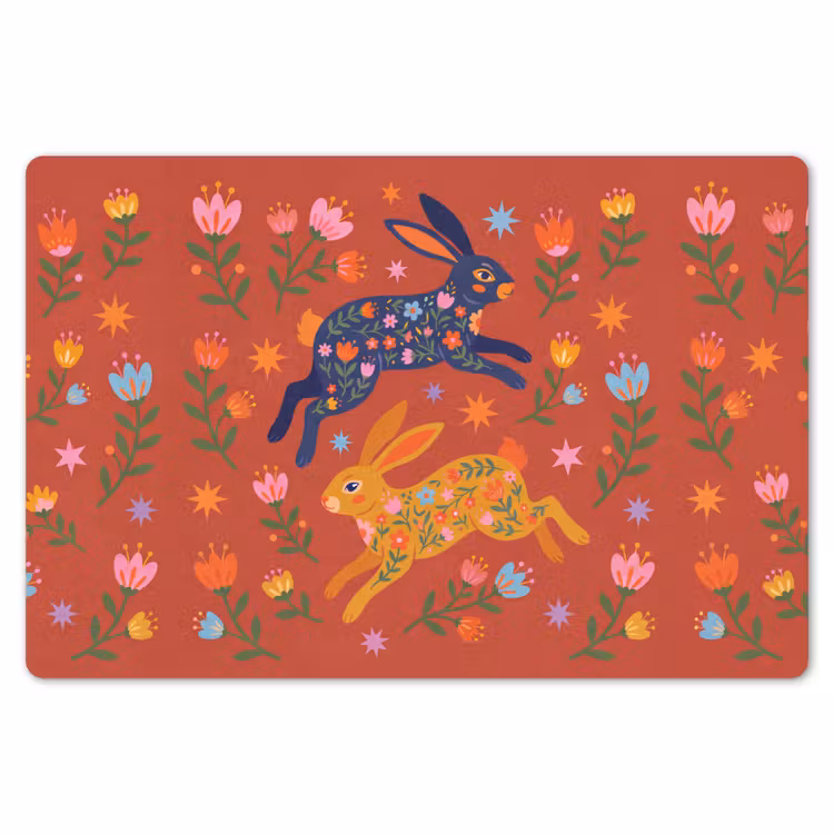 Tischset - 6 Stück - Kaninchen – Blumen – Volkskunst – Farbenfroh – Tiere — 6