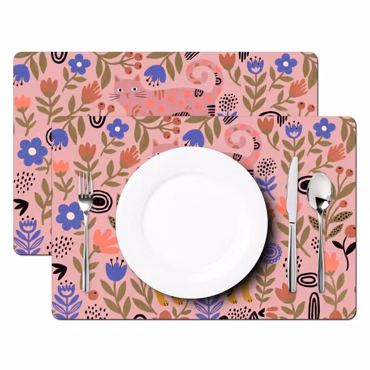 Tischset - 6 Stück - Katze – Blumen – Tiere – Modern – Rosa — 2