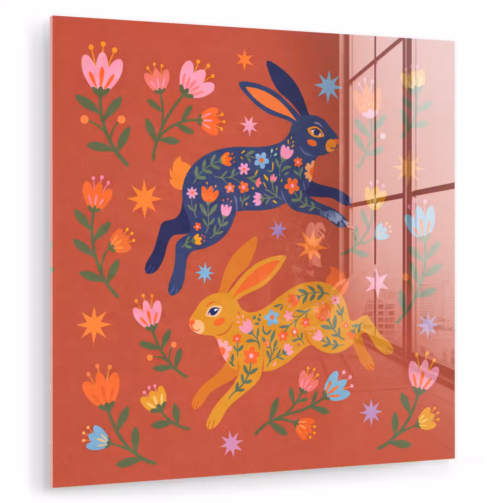 Glasbild - Kaninchen – Blumen – Volkskunst – Farbenfroh – Tiere — 1
