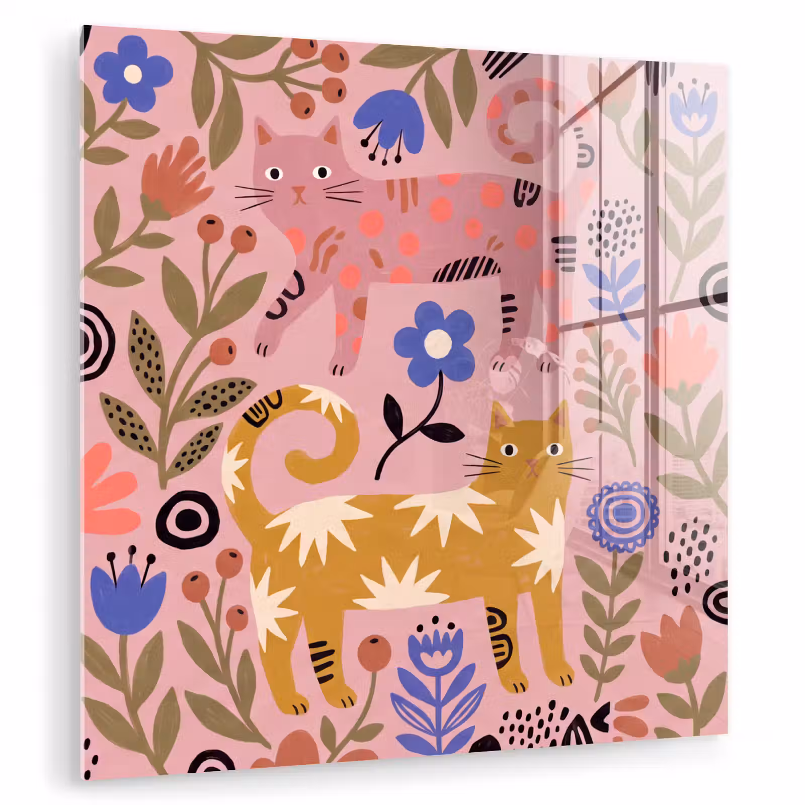 Glasbild - Katze – Blumen – Tiere – Modern – Rosa — 1