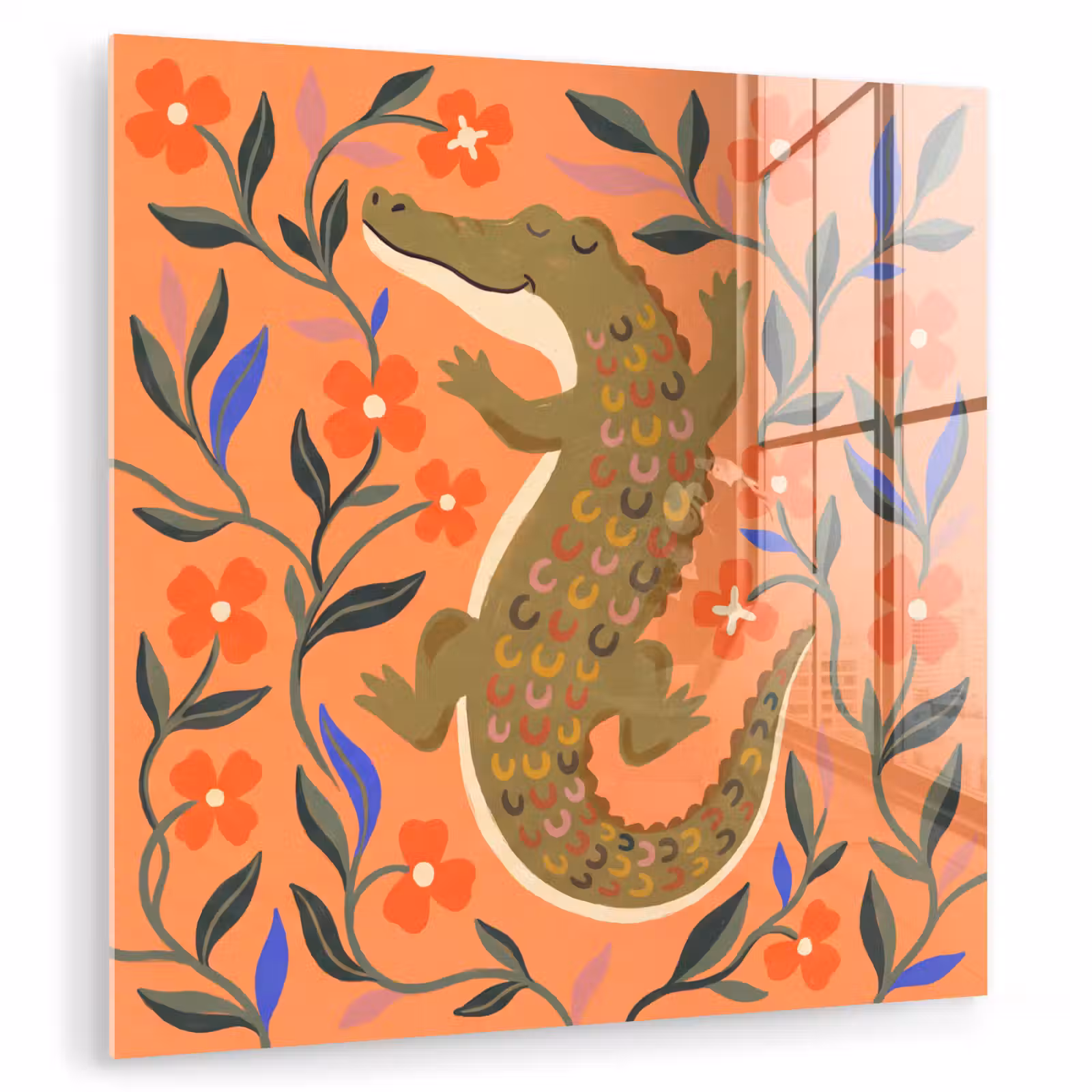 Glasbild - Tiere – Blumen – Orange – Illustration – Natur — 1