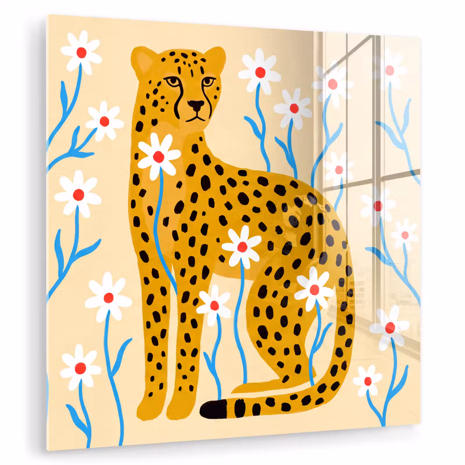 Glasbild - Tiere – Gepard – Blumen – Modern – Gelb — 1