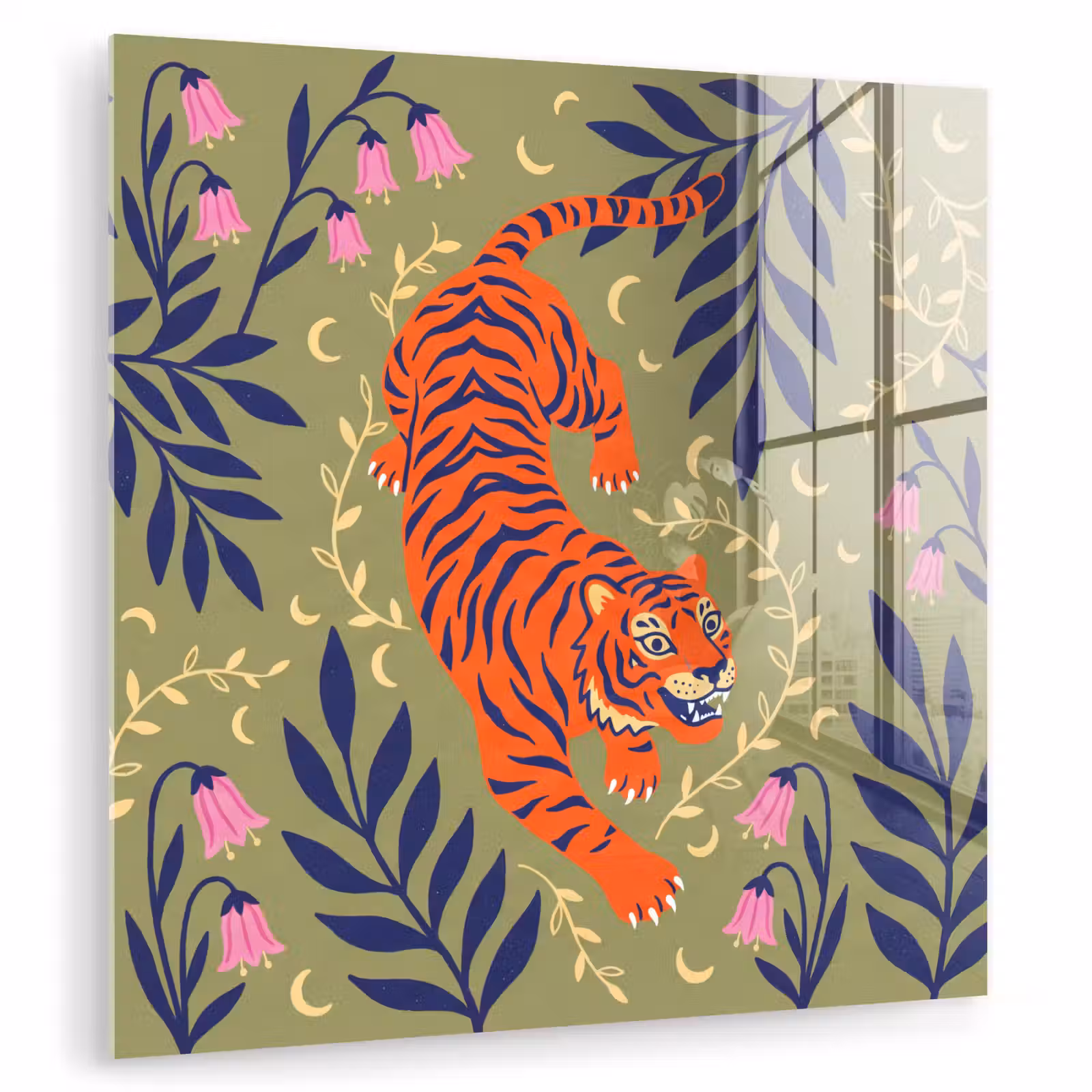Glasbild - Tiger – Blätter – Tiere – Illustration – Orange — 1