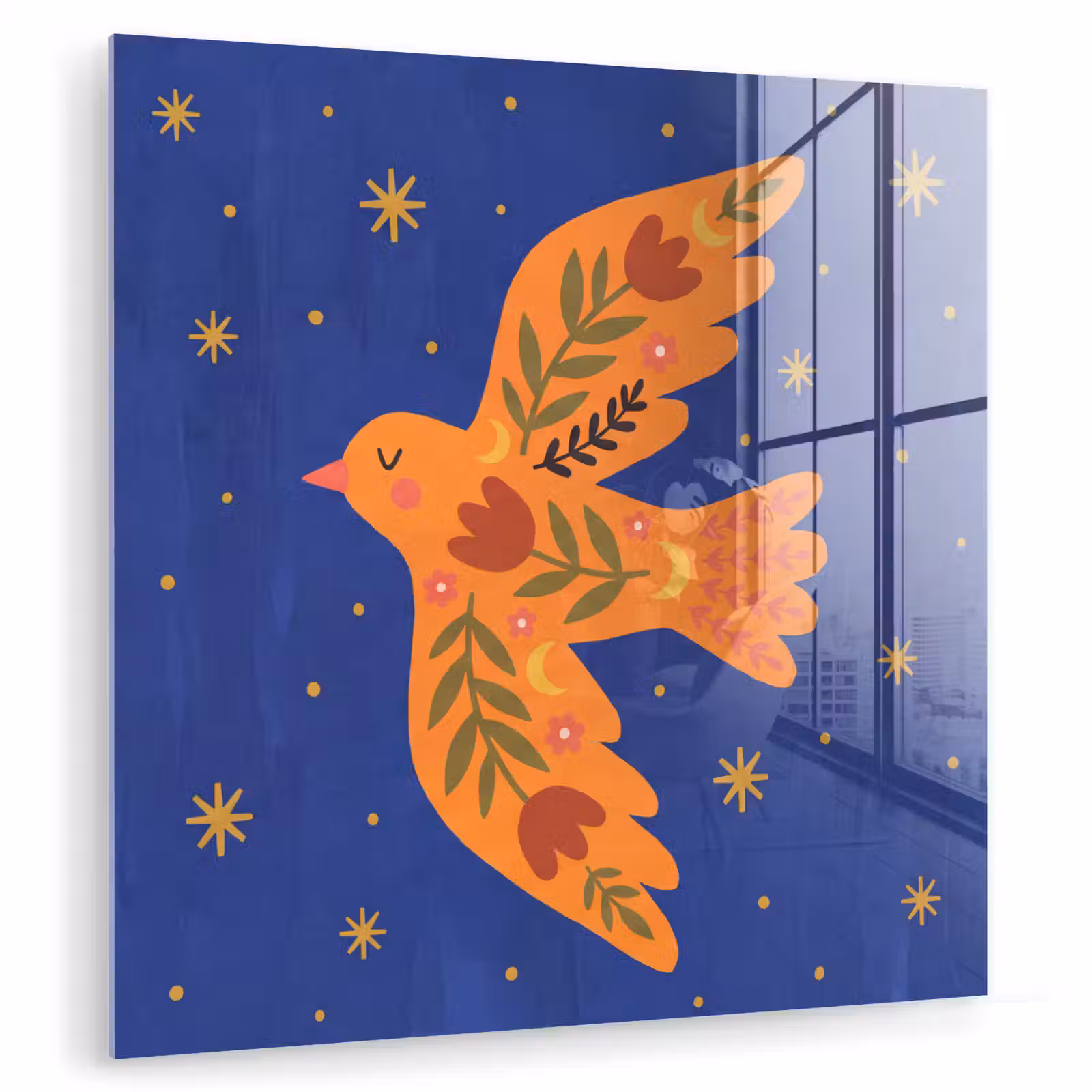 Glasbild - Vogel – Blumen – Dekorativ – Orange – Blau — 1