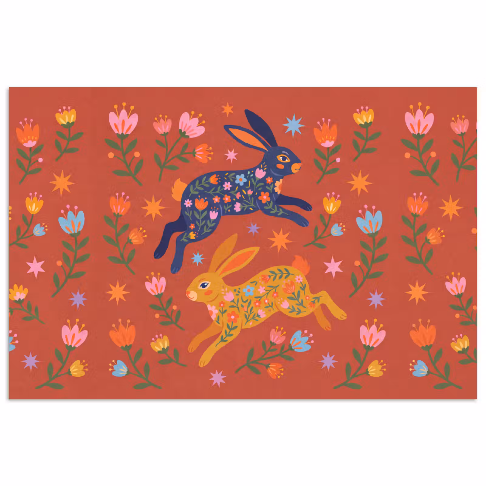 Poster - Kaninchen – Blumen – Volkskunst – Farbenfroh – Tiere — 1