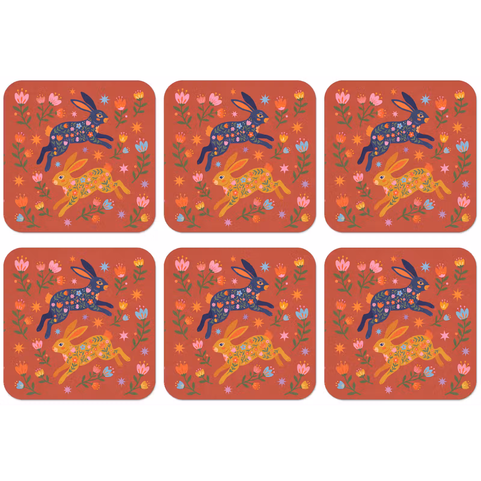 Untersetzer - Kaninchen – Blumen – Volkskunst – Farbenfroh – Tiere — 1