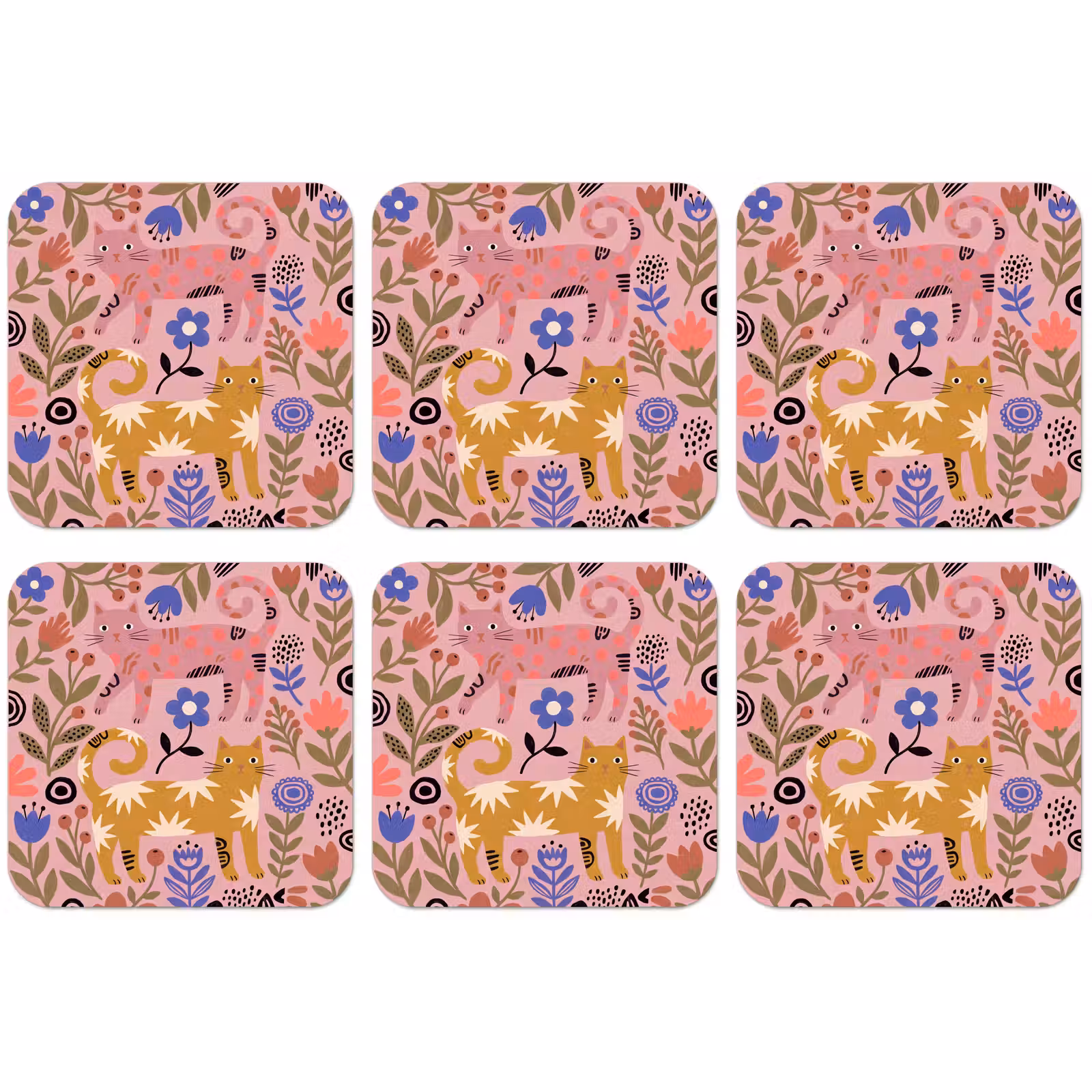 Untersetzer - Katze – Blumen – Tiere – Modern – Rosa — 1