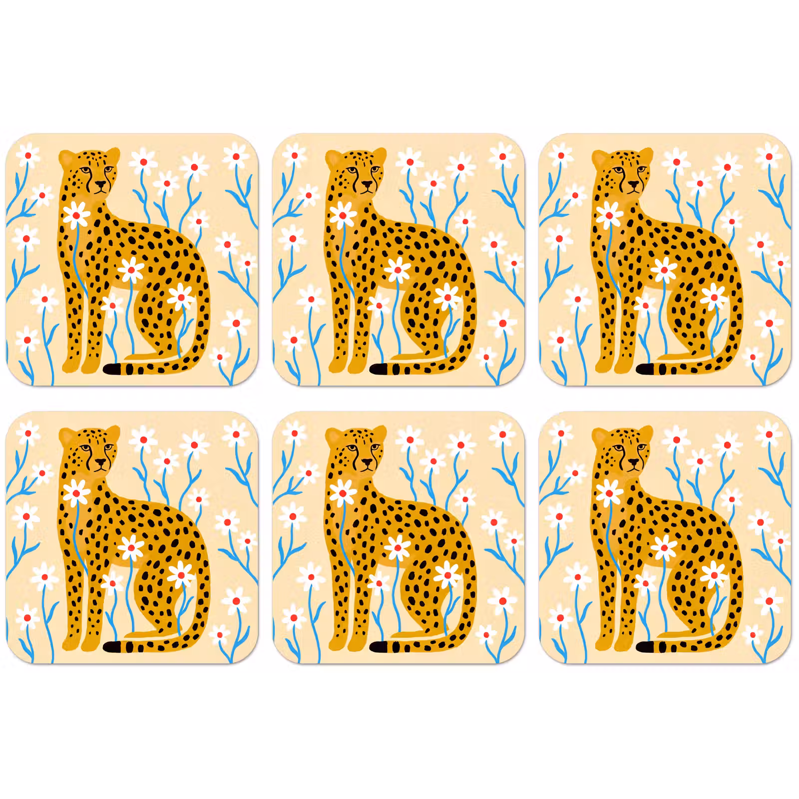 Untersetzer - Tiere – Gepard – Blumen – Modern – Gelb — 1