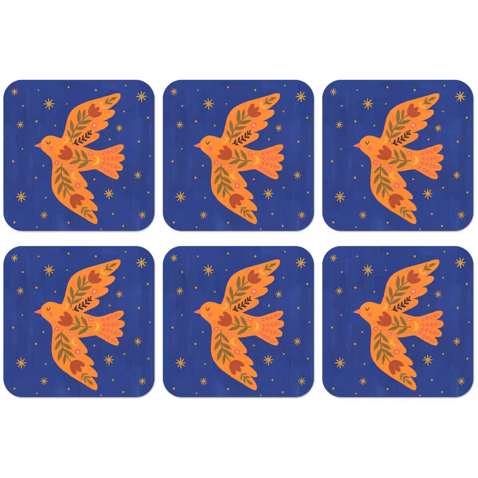 Untersetzer - Vogel – Blumen – Dekorativ – Orange – Blau — 1