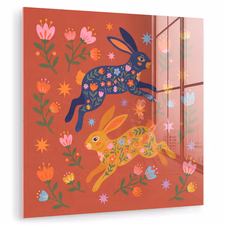 Glasbild - Kaninchen – Blumen – Volkskunst – Farbenfroh – Tiere — 1