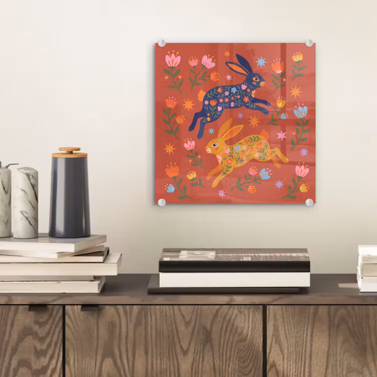 Glasbild - Kaninchen – Blumen – Volkskunst – Farbenfroh – Tiere — 2