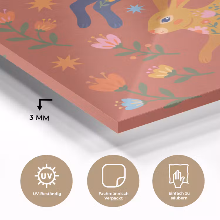 Glasbild - Kaninchen – Blumen – Volkskunst – Farbenfroh – Tiere — 3
