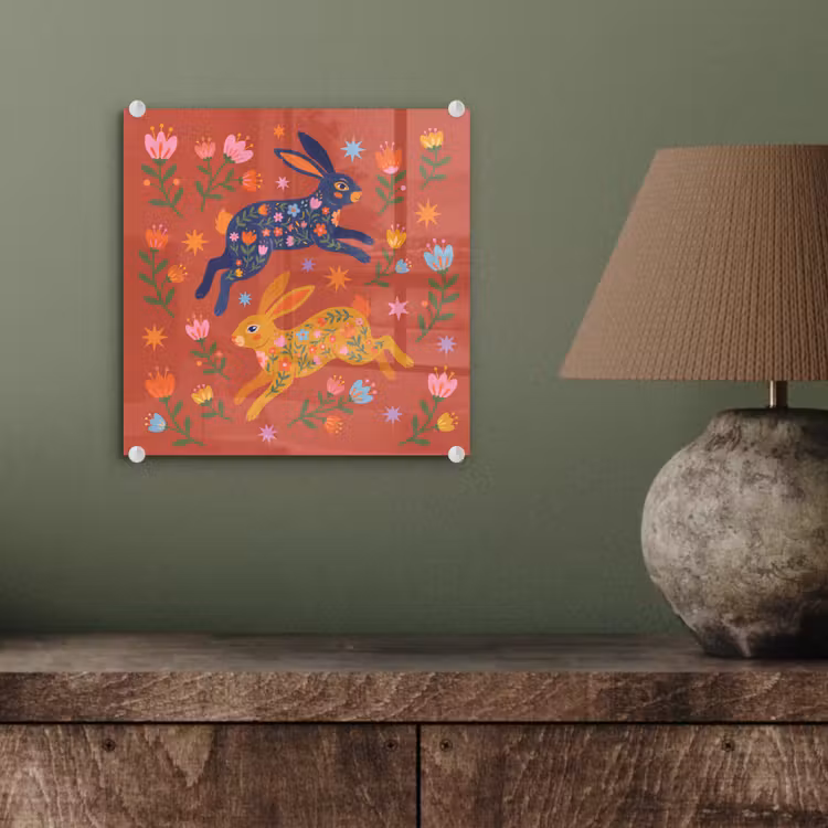 Glasbild - Kaninchen – Blumen – Volkskunst – Farbenfroh – Tiere — 4