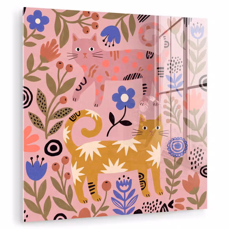 Glasbild - Katze – Blumen – Tiere – Modern – Rosa — 1