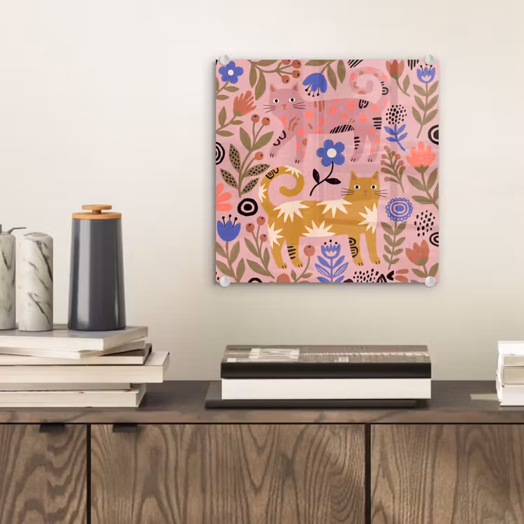 Glasbild - Katze – Blumen – Tiere – Modern – Rosa — 2