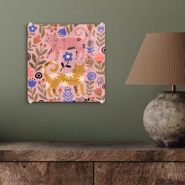 Glasbild - Katze – Blumen – Tiere – Modern – Rosa — 4