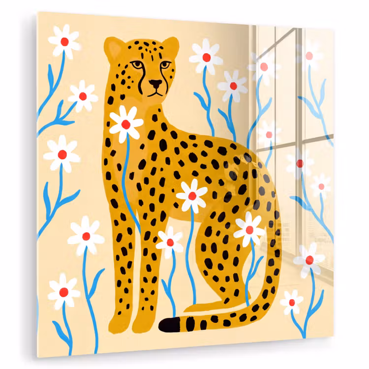 Glasbild - Tiere – Gepard – Blumen – Modern – Gelb — 1