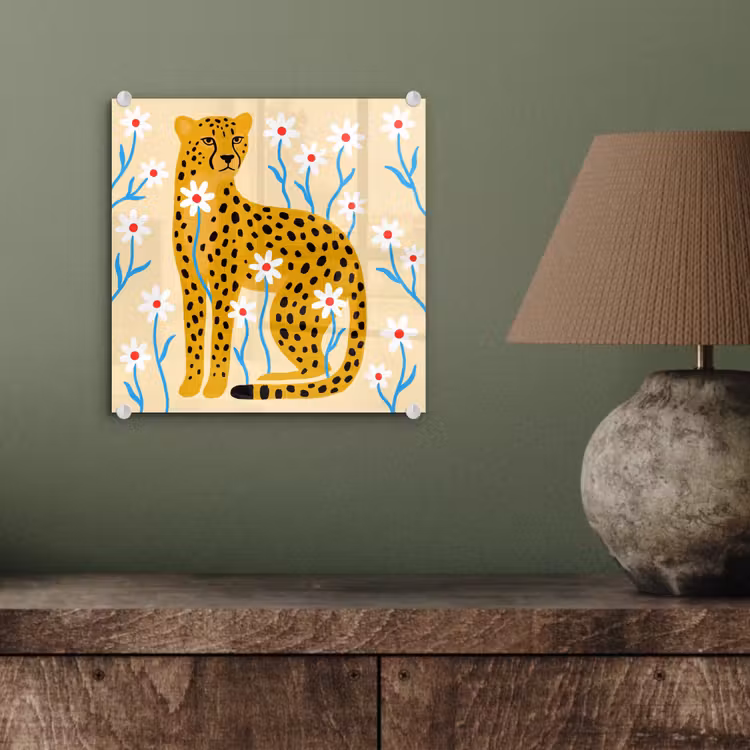 Glasbild - Tiere – Gepard – Blumen – Modern – Gelb — 4