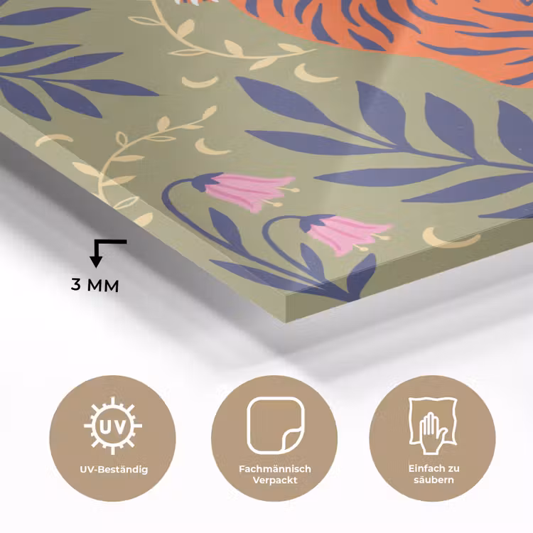 Glasbild - Tiger – Blätter – Tiere – Illustration – Orange — 3
