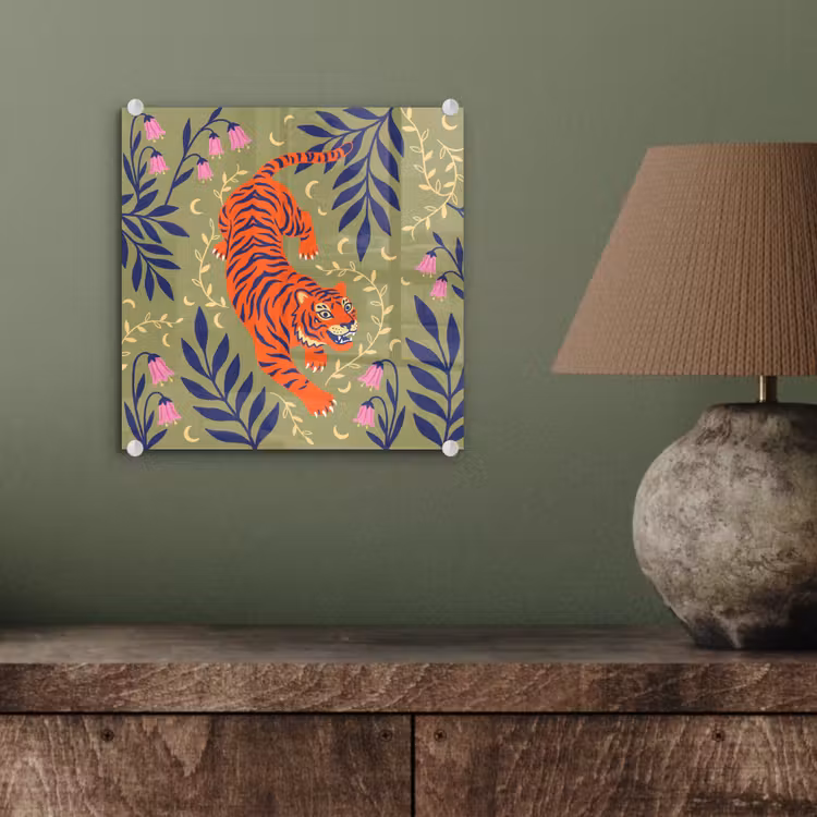Glasbild - Tiger – Blätter – Tiere – Illustration – Orange — 4