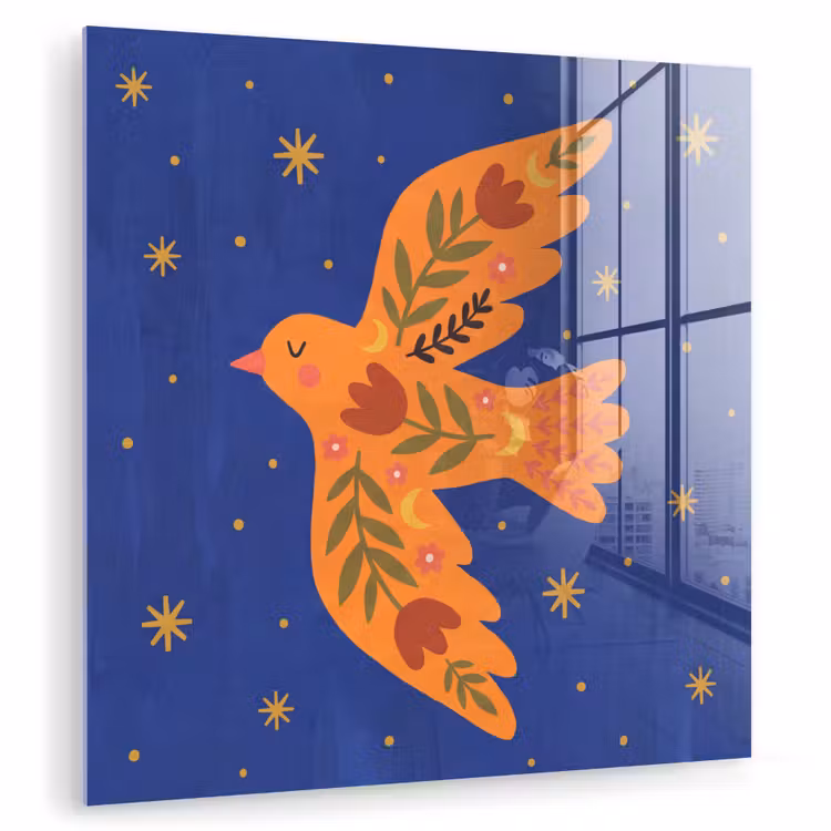Glasbild - Vogel – Blumen – Dekorativ – Orange – Blau — 1