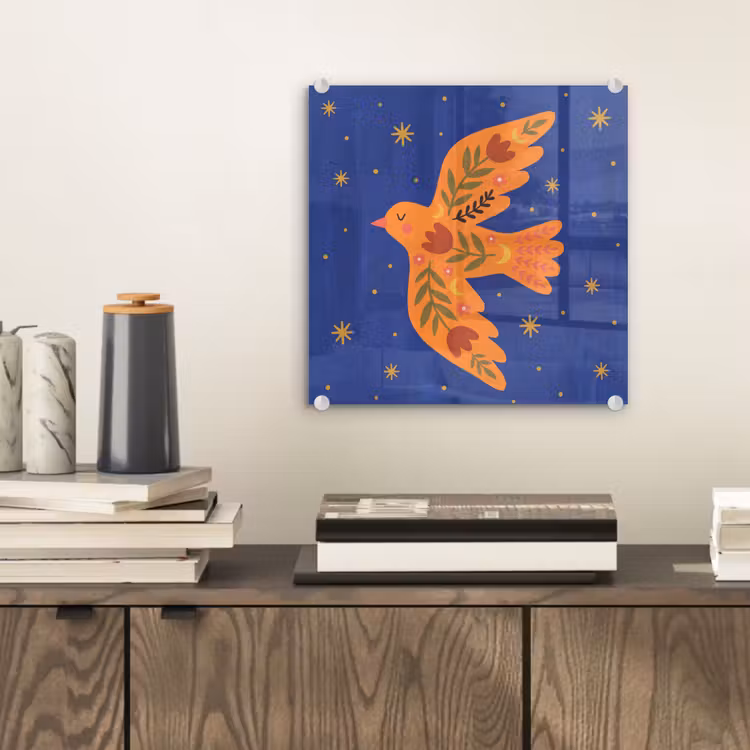 Glasbild - Vogel – Blumen – Dekorativ – Orange – Blau — 2
