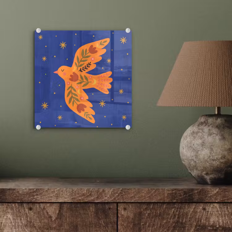 Glasbild - Vogel – Blumen – Dekorativ – Orange – Blau — 4