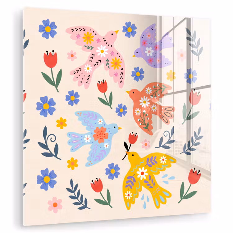 Glasbild - Vögel – Blumen – Folk – Bunt – Tiere — 1