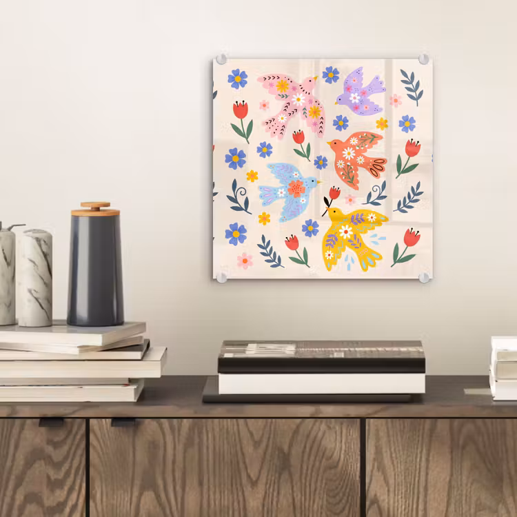 Glasbild - Vögel – Blumen – Folk – Bunt – Tiere — 2